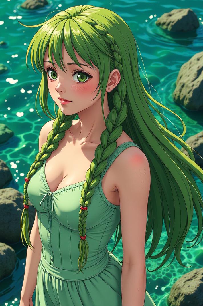 Anime style s Sea Squirt from Matrix universe, Longer Braids asparagus hair, spring, aerial view shot