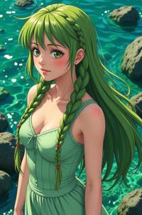 Anime style s Sea Squirt from Matrix universe, Longer Braids asparagus hair, spring, aerial view shot