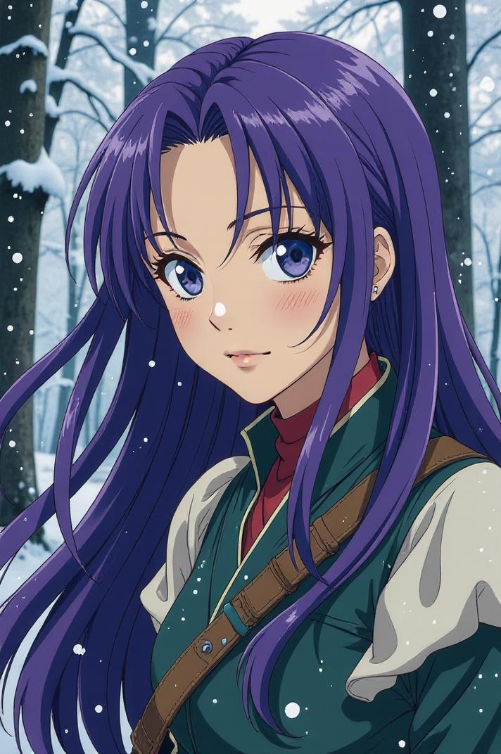 Anime style s Bluegill from Lord of the Rings universe, Center Parting purple hair, winter, from below shot