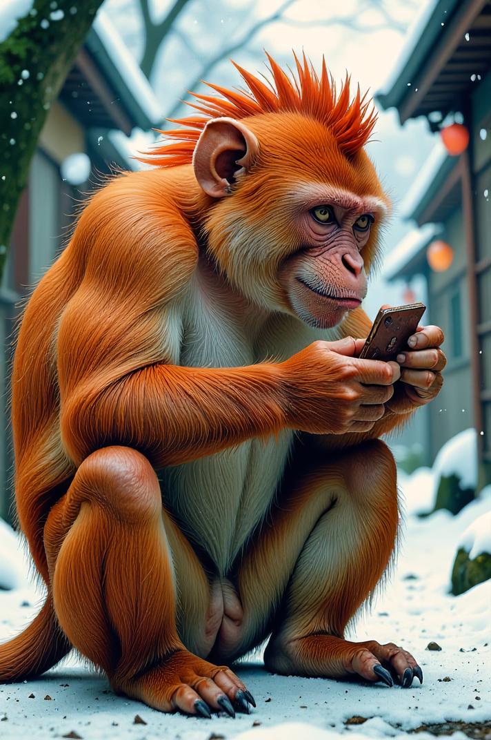 Anime style s Crab Eating Macaque from Matrix universe, Mohawk Fan ecru hair, winter, ground level shot