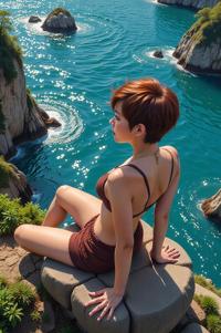 Anime style s Thalassomedon from Vertigo universe, Crew Cut bronze hair, spring, aerial view shot