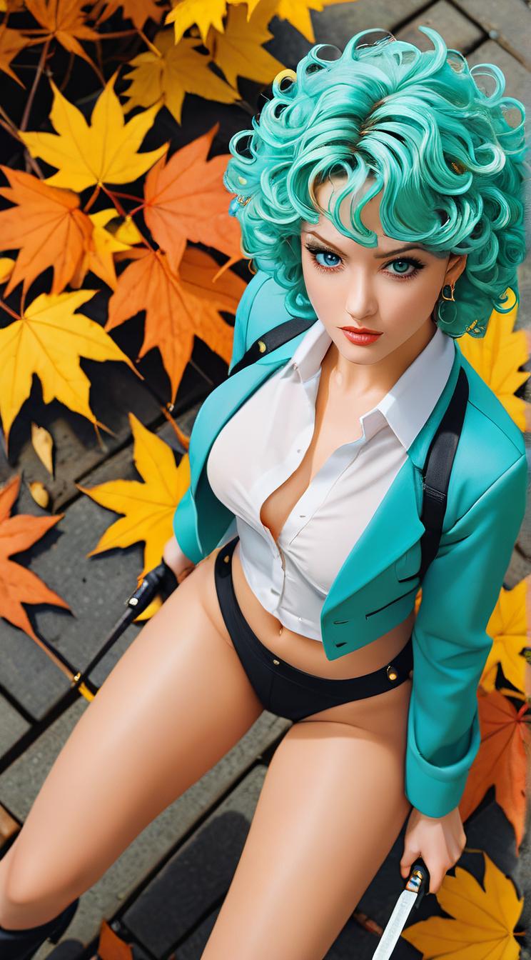 Anime style s sexy euro woman from Kill Bill universe, Bob Curly turquoise hair, autumn, from above shot