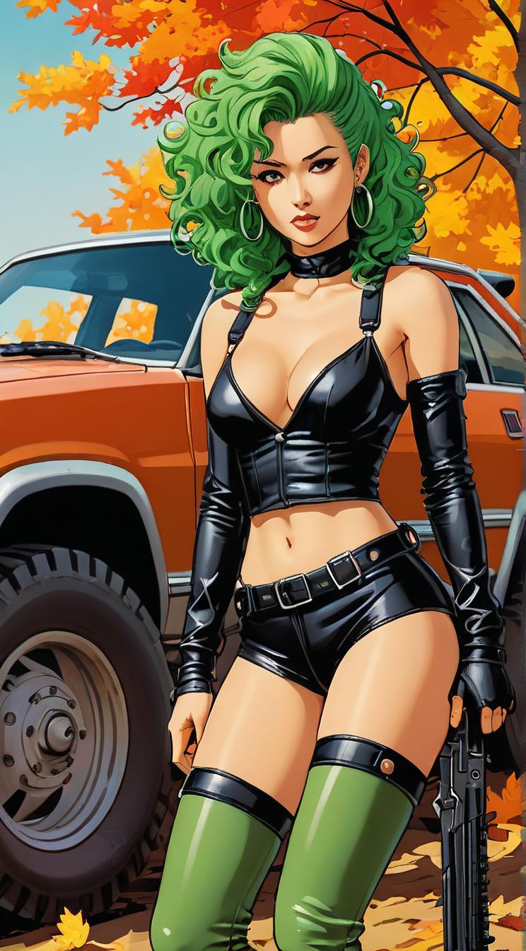 Anime style s sexy asian woman from Mad Max universe, Rachel Curly kelly green hair, autumn, knee level shot