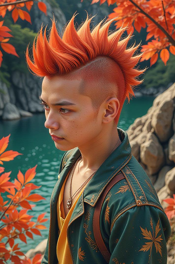 Anime style s Opah from Dune universe, Mohawk Flat terra cotta hair, autumn, aerial view shot