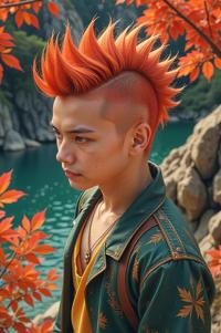 Anime style s Opah from Dune universe, Mohawk Flat terra cotta hair, autumn, aerial view shot