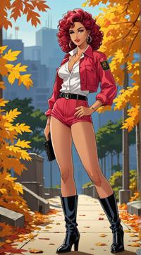 Anime style s sexy latina woman from Narcos universe, Top Curls hollywood cerise hair, autumn, full body shot