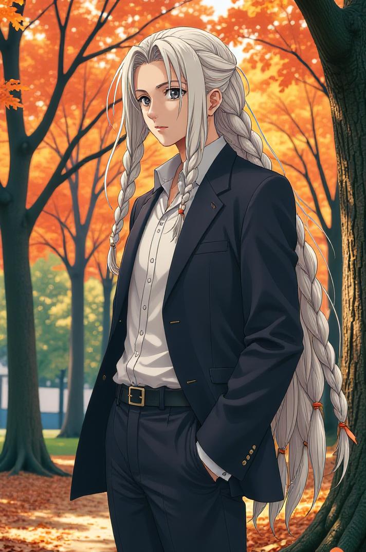 Anime style s Oyster from Band of Brothers universe, Long Braids platinum hair, autumn, perspective shot