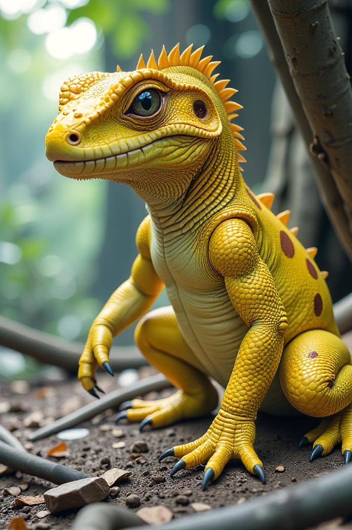 Anime style s Yellow Spotted Lizard from Alien universe, Buzz Cut denim hair, spring, knee level shot