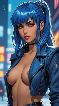 Anime style s sexy arab woman from Blade Runner universe, Mullet royal blue hair, winter, hip level shot