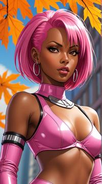 Anime style s sexy ebony woman from Fifth Element universe, Crew Cut shocking pink hair, autumn, low angle shot
