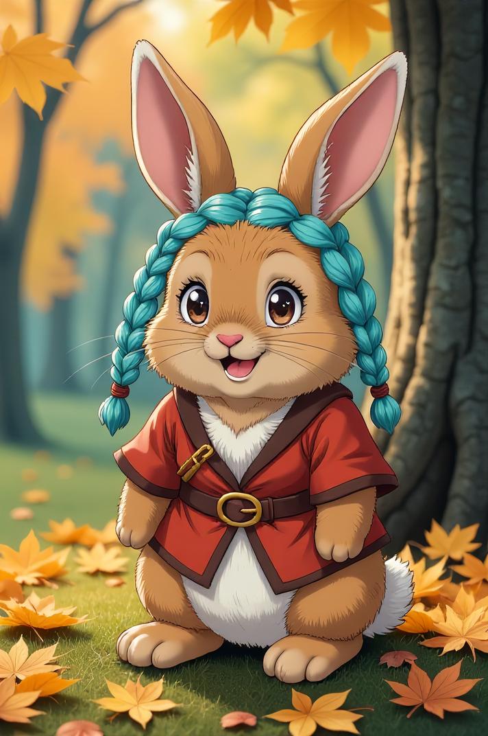 Anime style s Netherland Dwarf Rabbit from Lord of the Rings universe, Cornrows cyan hair, autumn, expressions shot