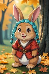 Anime style s Netherland Dwarf Rabbit from Lord of the Rings universe, Cornrows cyan hair, autumn, expressions shot