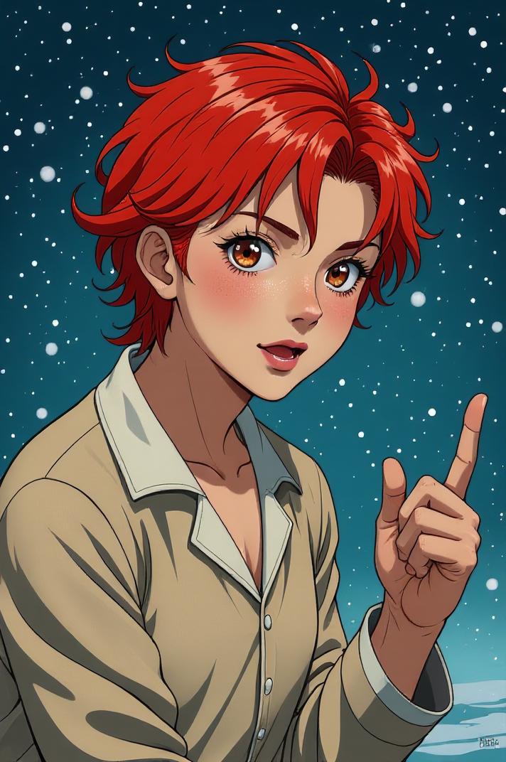 Anime style s Pyjama Shark from Moulin Rouge universe, Buffont tomato hair, winter, expressions shot