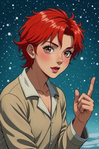 Anime style s Pyjama Shark from Moulin Rouge universe, Buffont tomato hair, winter, expressions shot