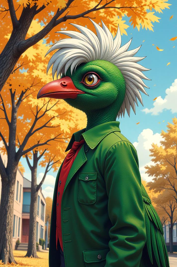 Anime style s Emerald Toucanet from Fargo universe, Mohawk Short silver hair, autumn, low angle shot