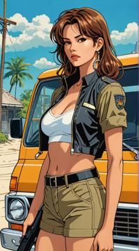 Anime style s sexy latina woman from John Wick universe, Grungey Parted van dyke brown hair, summer, looking away shot