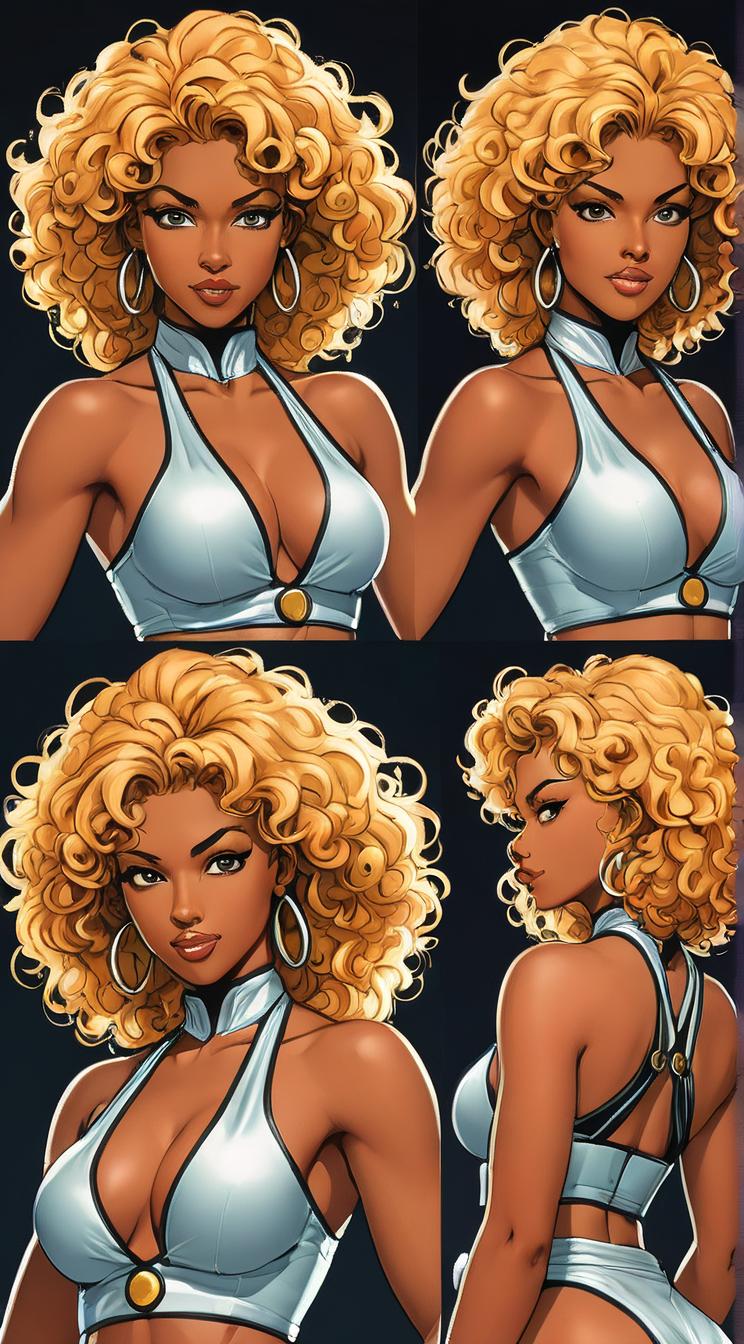 Anime style s sexy ebony woman from Mortal kombat universe, Over Eye Curly champagne hair, summer, Front side back three views shot