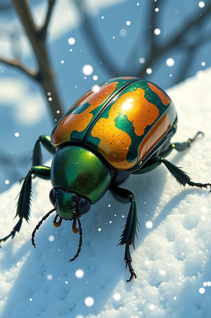 Anime style s Japanese Beetle from Pixar universe, Long emerald hair, winter, from above shot
