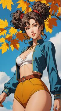 Anime style s sexy asian woman from The Witcher universe, Bun Curly brass hair, autumn, from below shot
