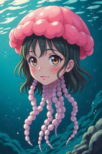 Anime style s Irukandji Jellyfish from Narcos universe, Over Left Eye olive hair, summer, high angle shot