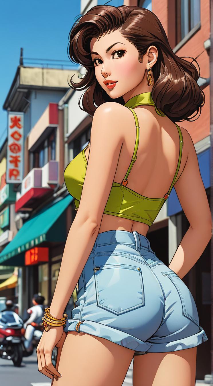 Anime style s sexy asian woman from Pixar universe, Greased Back brown hair, spring, perspective shot