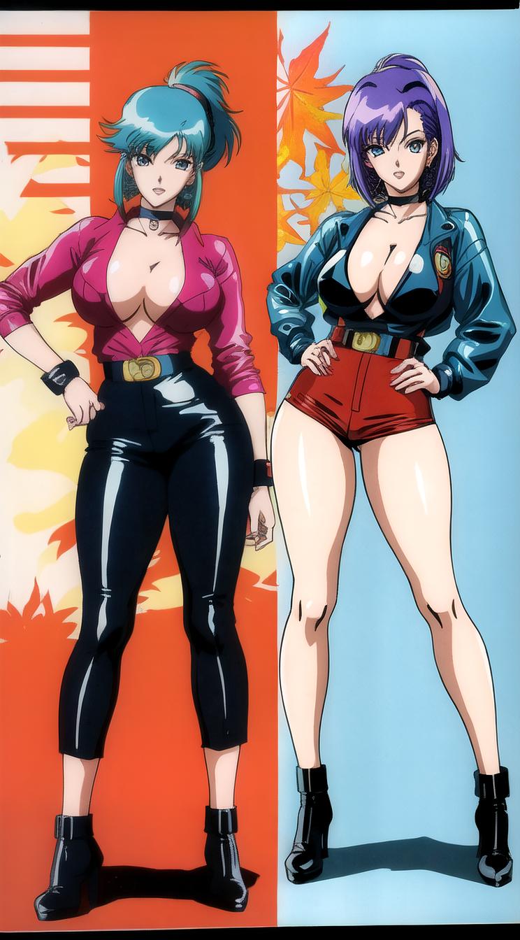 Anime style s sexy euro woman from Resident evil universe, Over Eye turquoise hair, autumn, Front side back three views shot