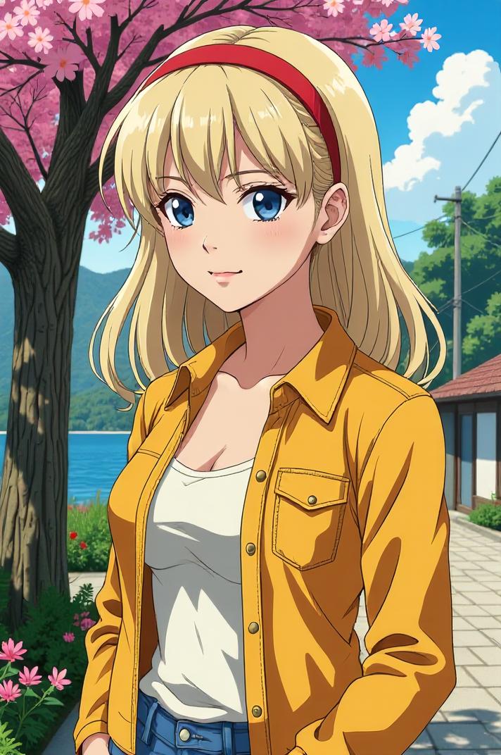 Anime style s Clarks Grebe from GTA universe, Rachel beige hair, spring, looking away shot