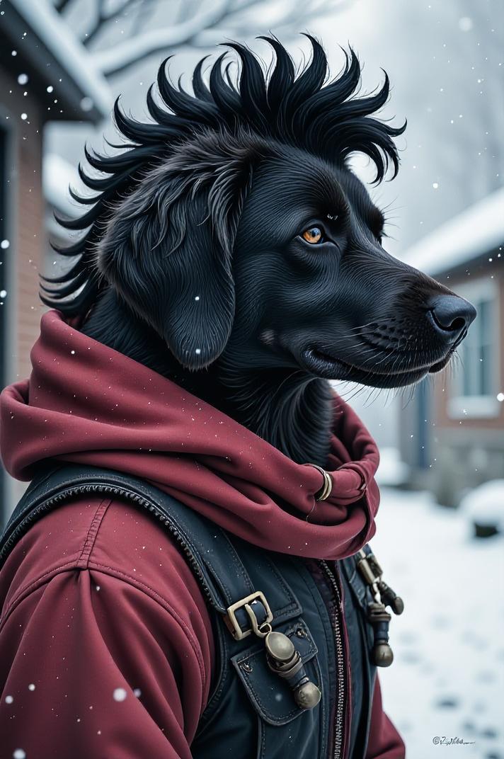 Anime style s Curly Coated Retriever from Mortal kombat universe, Mohawk Fan razzmatazz hair, winter, looking away shot