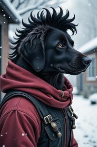 Anime style s Curly Coated Retriever from Mortal kombat universe, Mohawk Fan razzmatazz hair, winter, looking away shot