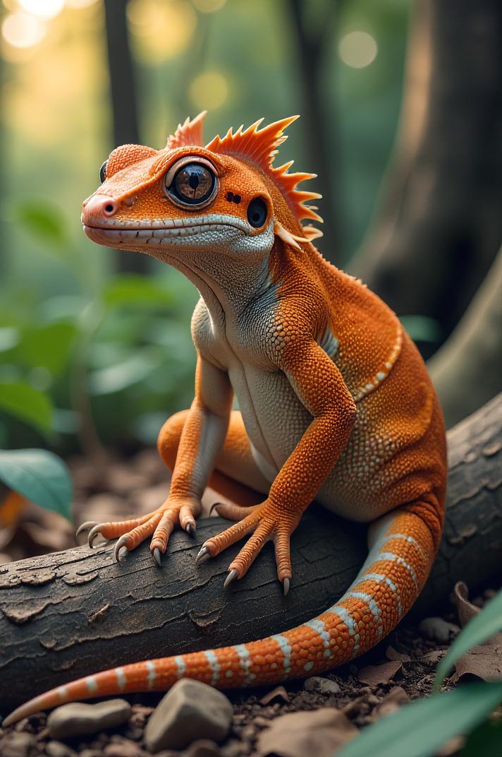 Anime style s Satanic Leaf Tailed Gecko from Narcos universe, Left Parting tan hair, autumn, ground level shot