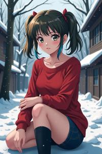 anime style masterpiece,best quality , Mullet Curly olive hair, winter