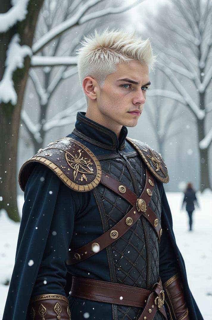 Anime style s Xerus from Game of Thrones universe, Buzz Cut magnolia hair, winter, full body shot