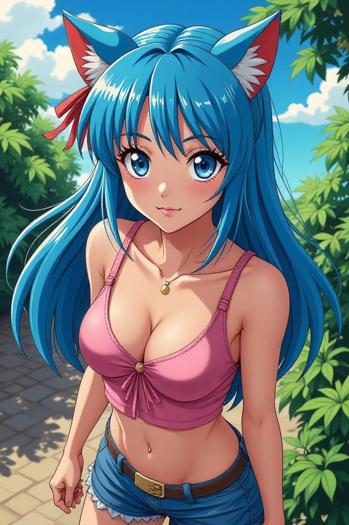 Anime style s Animals that start with H from Marvel universe, Rachel royal blue hair, summer, aerial view shot