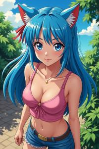 Anime style s Animals that start with H from Marvel universe, Rachel royal blue hair, summer, aerial view shot