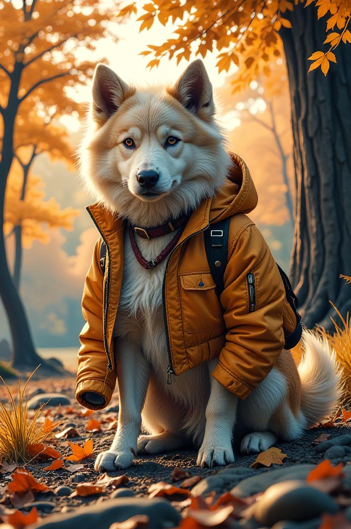 Anime style s Icelandic Sheepdog from Terminator universe, Spike lemon hair, autumn, knee level shot