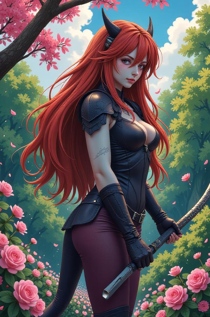 Anime style s Uintatherium from Mortal kombat universe, Rachel corn hair, spring, from above shot