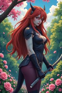 Anime style s Uintatherium from Mortal kombat universe, Rachel corn hair, spring, from above shot