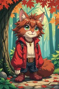 Anime style s Margay from Spirit World universe, Buffont smalt hair, autumn, ground level shot