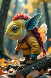 Anime style s Dwarf Gourami from Fallout universe, Braids harlequin hair, autumn, expressions shot