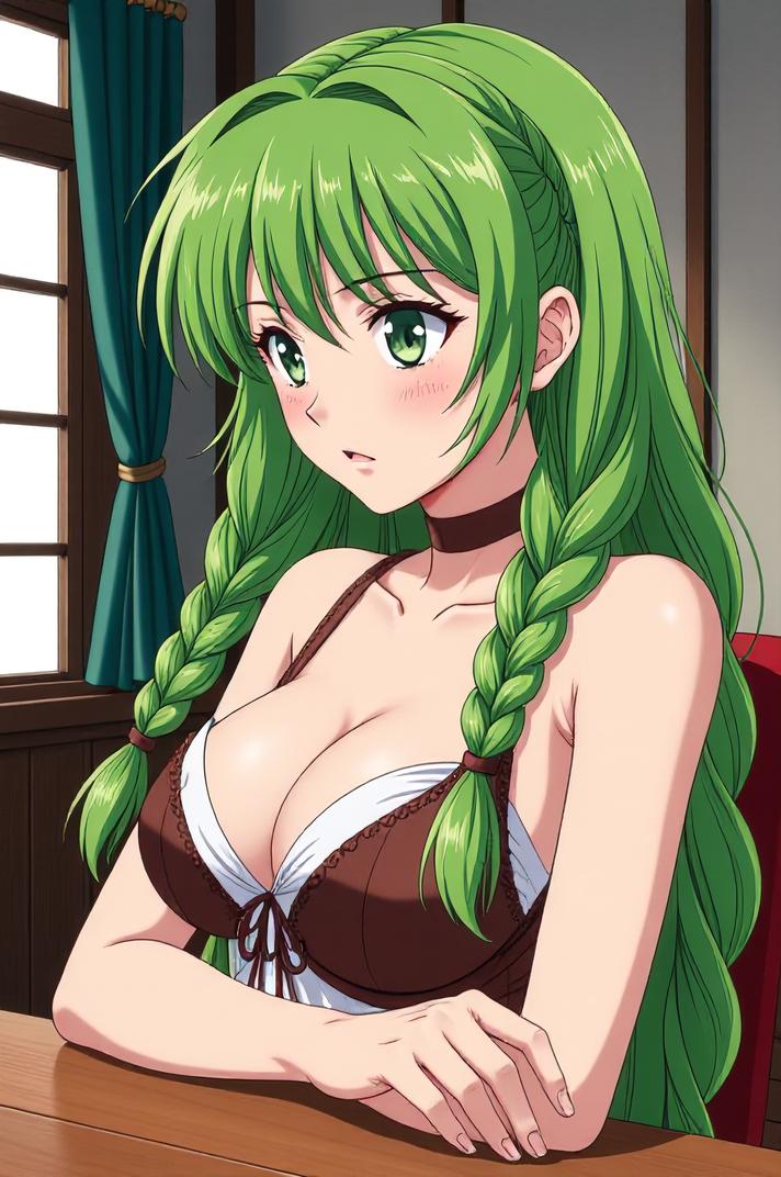 anime style masterpiece,best quality , Long Braids lawn green hair, spring