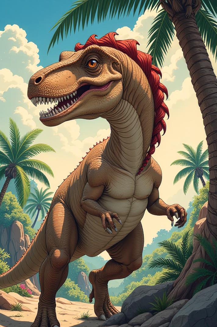 Anime style s Supersaurus from Dune universe, Cornrows scarlet hair, summer, hip level shot