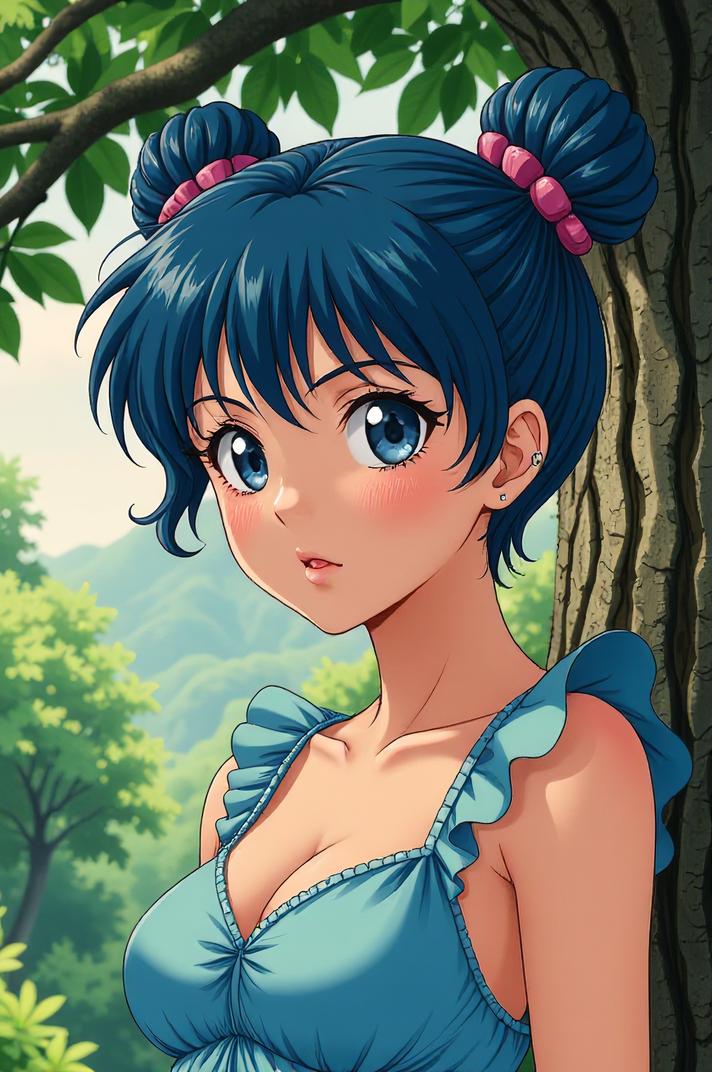 Anime style s Box Tree Moth from Alien universe, Bun Curly sapphire hair, summer, expressions shot