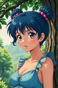 Anime style s Box Tree Moth from Alien universe, Bun Curly sapphire hair, summer, expressions shot