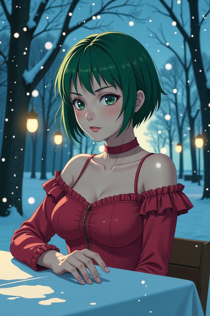 anime style masterpiece,best quality , Crew Cut moss green hair, winter