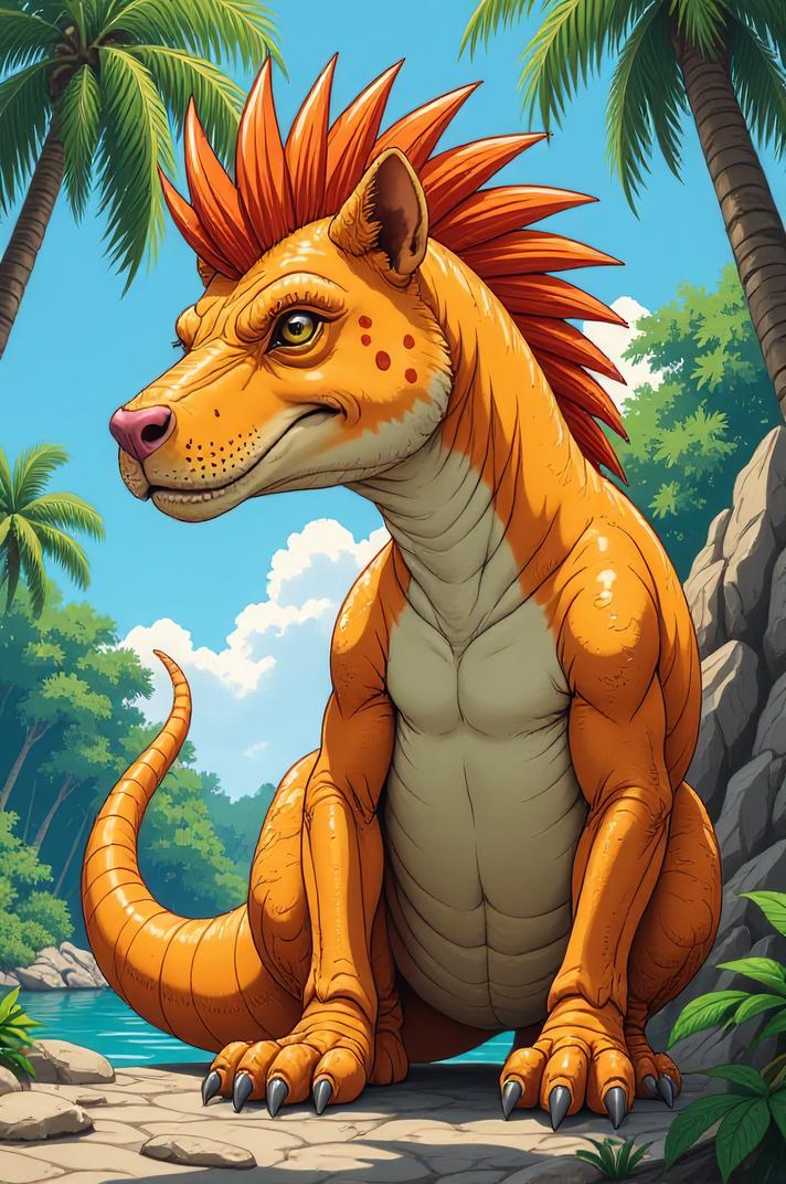 Anime style s Thylacoleo from Jurassic Park universe, Mohawk Fan carrot orange hair, summer, from below shot