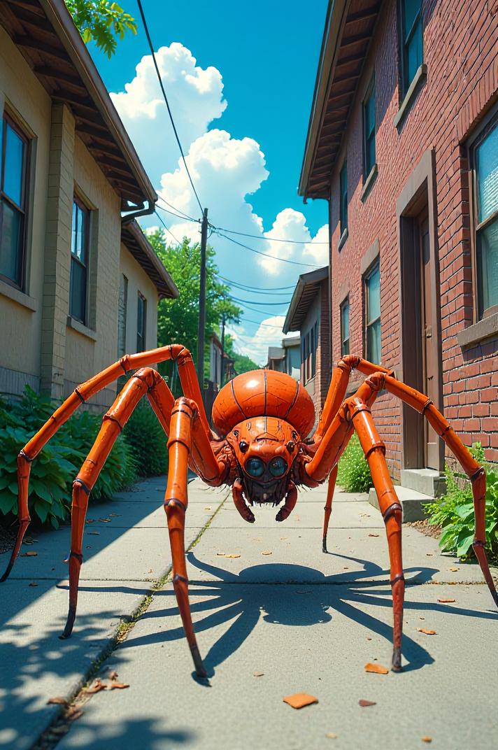 Anime style s Southern House Spider from Spirit World universe, Bald orange hair, summer, perspective shot