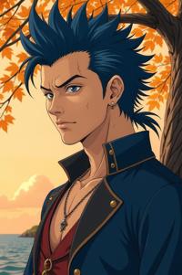 Anime style s Golden Irish from Pirates of the Caribbean universe, Mohawk Fan navy blue hair, autumn, low angle shot