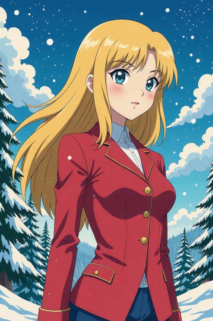 Anime style s Annas Hummingbird from Band of Brothers universe, Flat Top champagne hair, winter, perspective shot