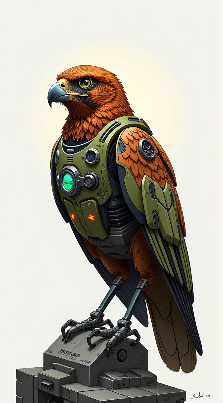 sci fi, digital art, robotic Kestrel, it is wearing a cybernetics