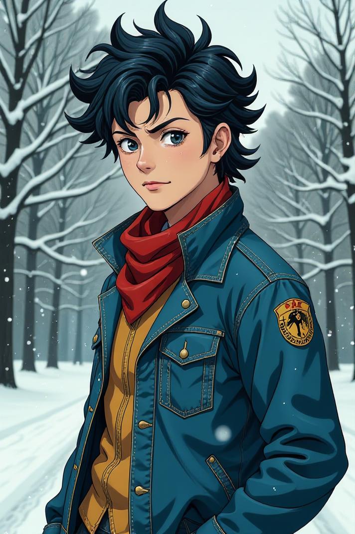 Anime style s Belted Kingfisher from Fallout universe, Top Curls denim hair, winter, shoulder level shot